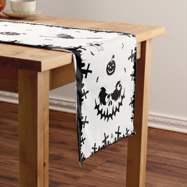 Halloween Scary Pumpkin Witch Black and White Short Table Runner (In Situ)