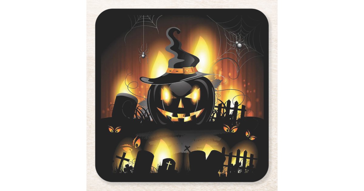 Halloween - Scary Pumpkins w/Hat All Options Square Paper Coaster | Zazzle
