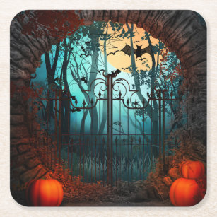 Halloween Scary Scene 2 - Gates Square Paper Coaster