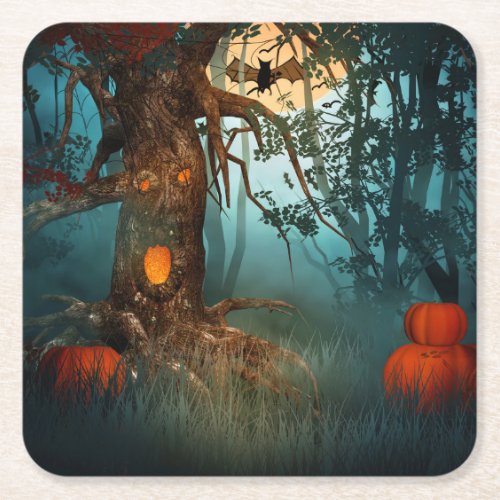 Halloween Scary Scene 3 _ Tree Square Paper Coaster