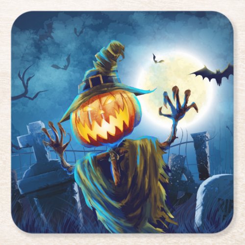Halloween Scary Scene 5 _ Pumpkin Man Square Paper Coaster
