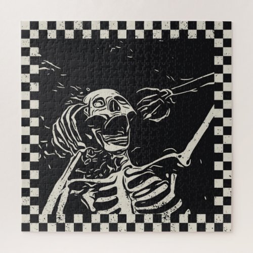 Halloween Scary Skeleton Black White Checkered Jigsaw Puzzle