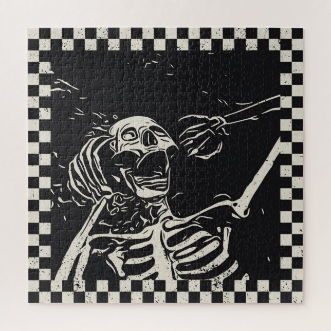 Halloween Scary Skeleton Black White Checkered Jigsaw Puzzle (Vertical)