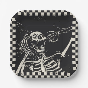 Halloween Scary Skeleton Black White Checkered Paper Plates