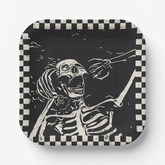 Halloween Scary Skeleton Black White Checkered Paper Plates (Front)