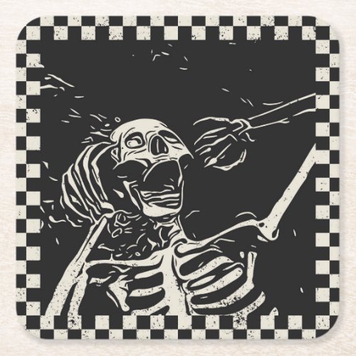 Halloween Scary Skeleton Black White Checkered Square Paper Coaster