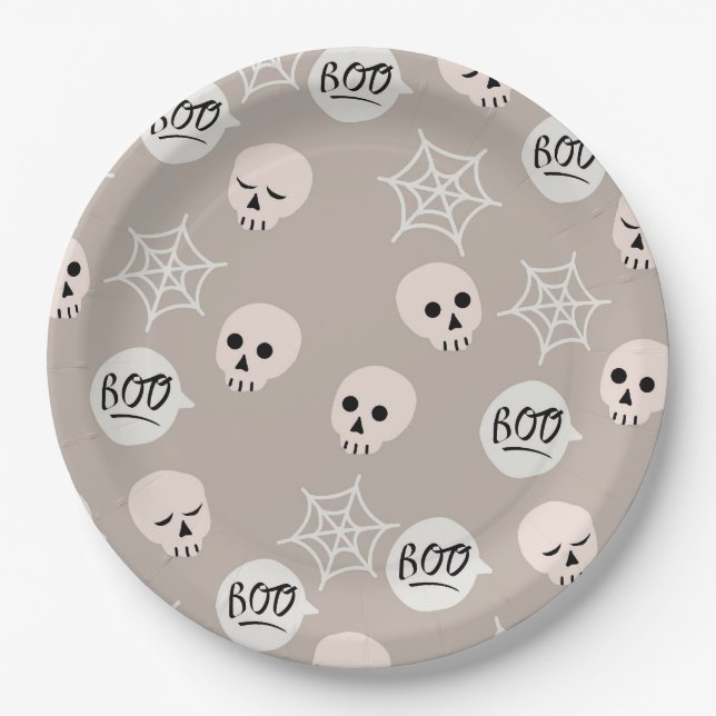 Halloween Scary Skull Spider Pattern Paper Plates (Front)