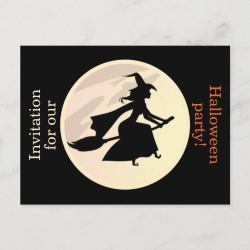 Halloween scary witch broomstick black invitation postcard