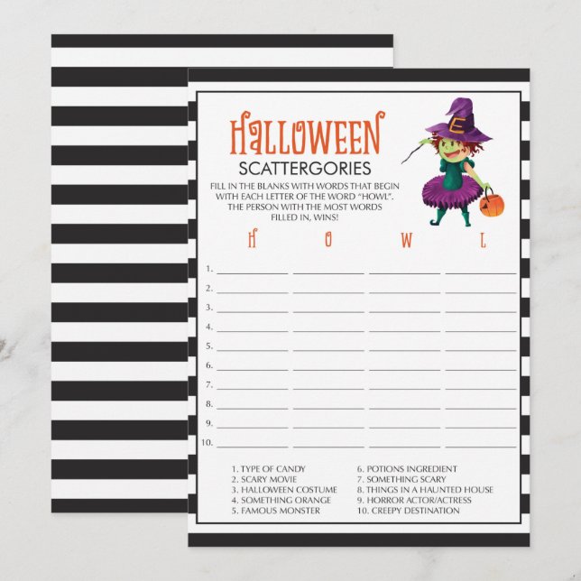 Halloween Scattergories Game Cards with Witch (Front/Back)
