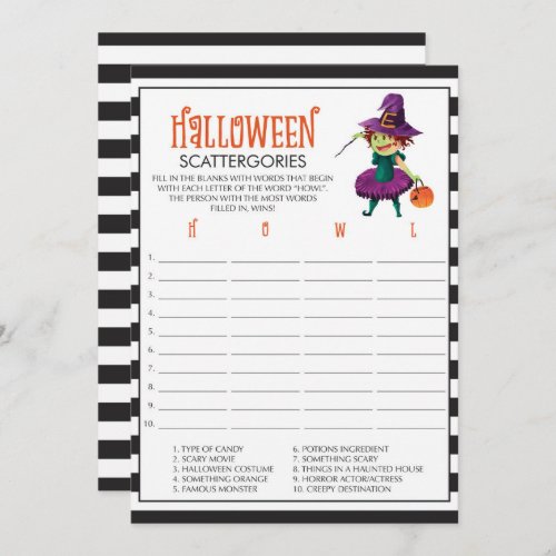 Halloween Scattergories Game Cards with Witch