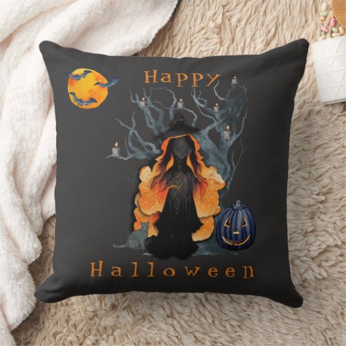 Halloween Scene Fiery Witch in Moonlight Throw Pillow