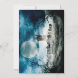 Halloween scene. Haunted ghost house on graveyard.