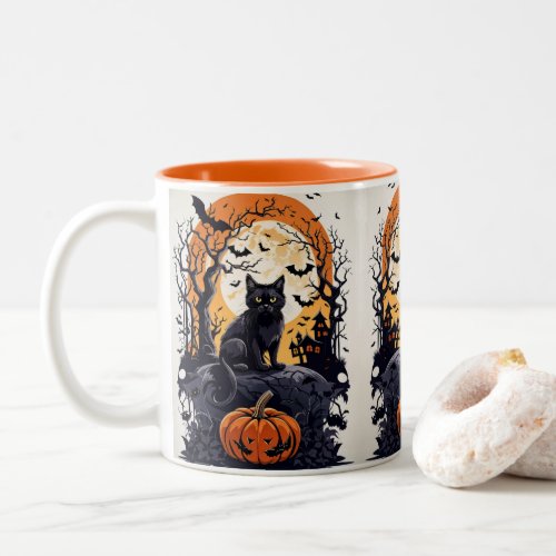 halloween scene with black cat with nocturnal moon Two_Tone coffee mug