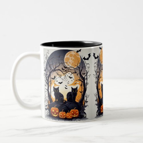 halloween scene with black cats spiders  pumpkin Two_Tone coffee mug