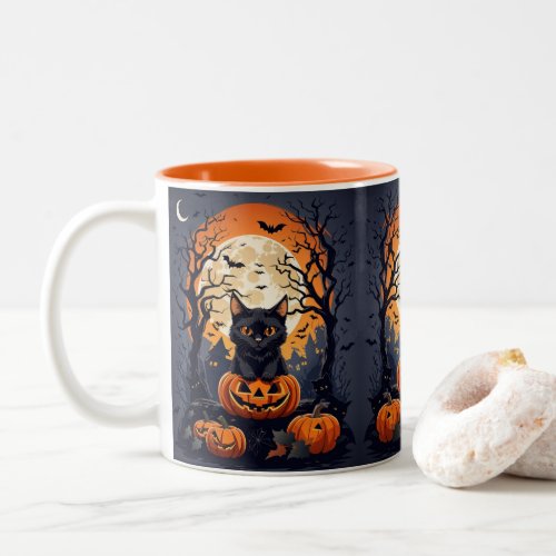 halloween scene with black cats Two_Tone coffee mug