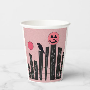 Halloween scene with fence, crow, full moon paper cups