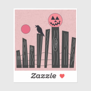 Halloween scene with fence, crow, full moon, & pum sticker