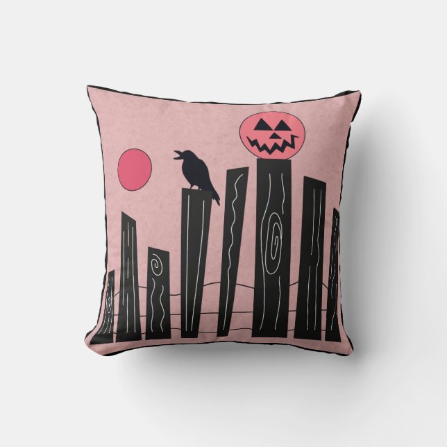 Halloween scene with fence, crow, full moon,  throw pillow (Front)
