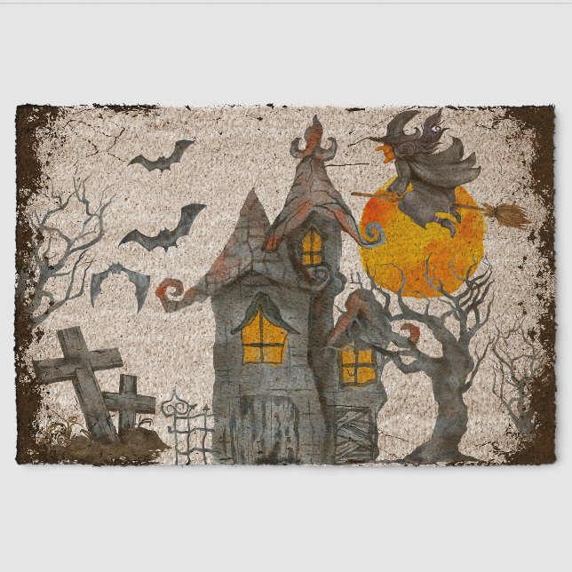 Halloween scene with haunted house and witch fiber doormat (Front)