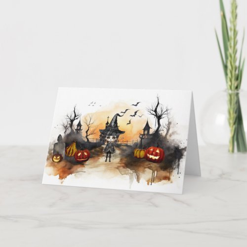 Halloween Scene with Little Witch and Black Cat Holiday Card