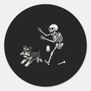 Halloween Schnauzer Dog Skeleton Bone Chase Humor Classic Round Sticker