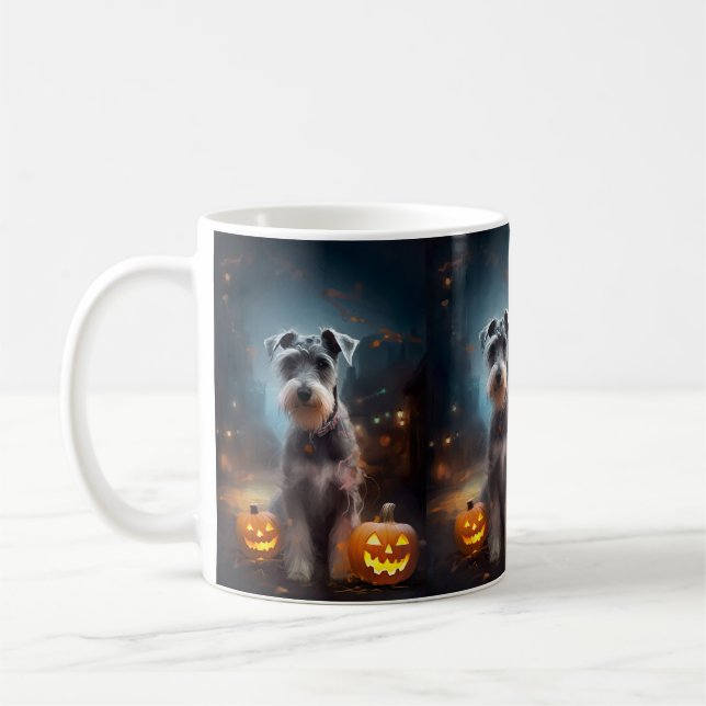 Halloween Schnauzer With Pumpkins Scary Coffee Mug (Left)
