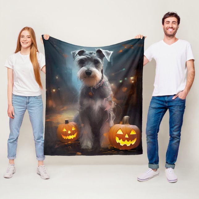 Halloween Schnauzer With Pumpkins Scary Fleece Blanket (In Situ)
