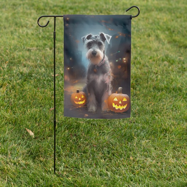 Halloween Schnauzer With Pumpkins Scary Garden Flag (In SItu)