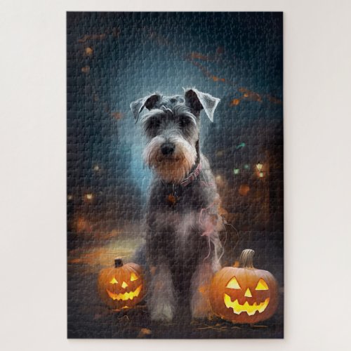 Halloween Schnauzer With Pumpkins Scary Jigsaw Puzzle