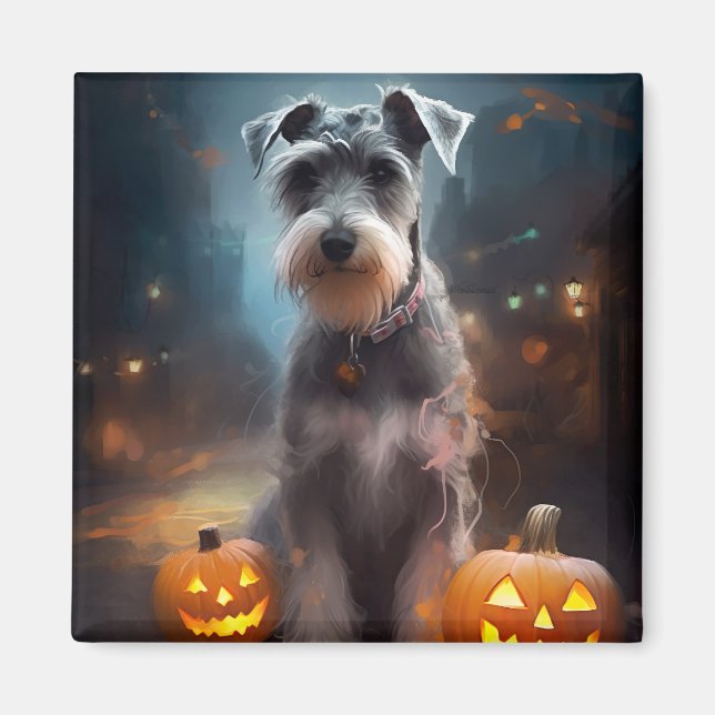 Halloween Schnauzer With Pumpkins Scary Magnet (Front)