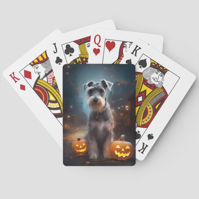 Halloween Schnauzer With Pumpkins Scary Poker Cards (Back)
