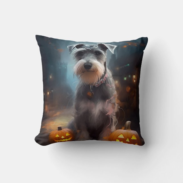 Halloween Schnauzer With Pumpkins Scary Throw Pillow (Front)