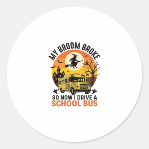 Halloween School Bus Witch Vintage Teacher Design_ Classic Round Sticker