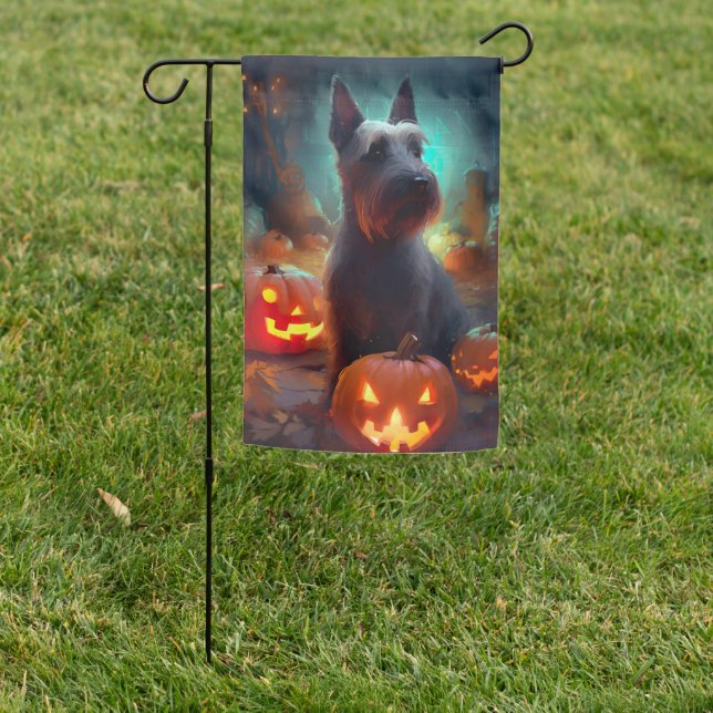 Halloween Scottish Terrier With Pumpkins Scary  Garden Flag (In SItu)