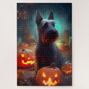 Halloween Scottish Terrier With Pumpkins Scary Jigsaw Puzzle