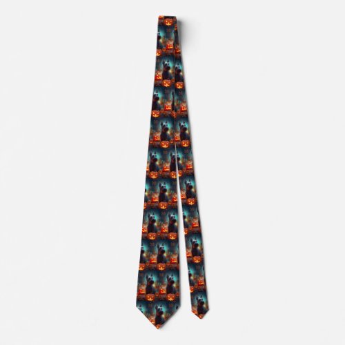 Halloween Scottish Terrier With Pumpkins Scary  Neck Tie