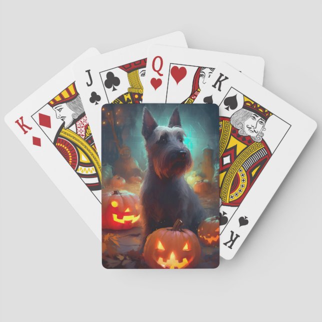 Halloween Scottish Terrier With Pumpkins Scary  Poker Cards (Back)