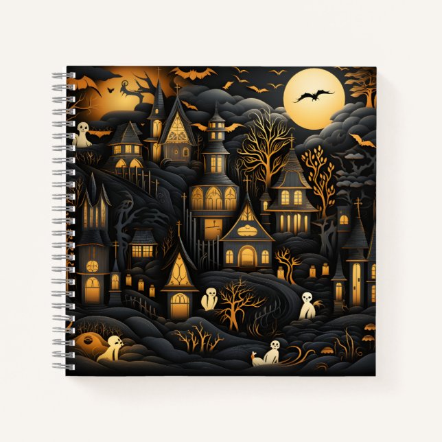 Halloween Seamless Pattern White Ghosts In Town Notebook (Front)
