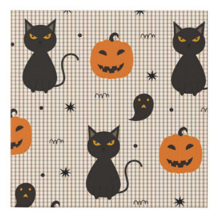 Halloween seamless pattern with black cat and ghos faux canvas print