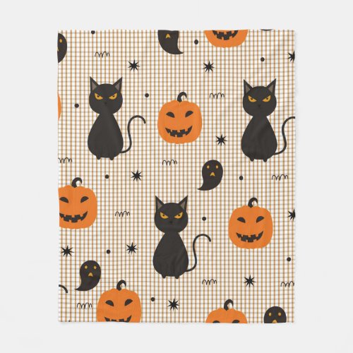 Halloween seamless pattern with black cat and ghos fleece blanket