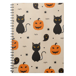 Halloween seamless pattern with black cat and ghos notebook