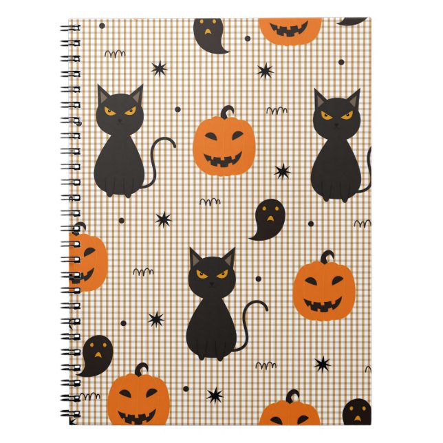 Halloween seamless pattern with black cat and ghos notebook (Front)