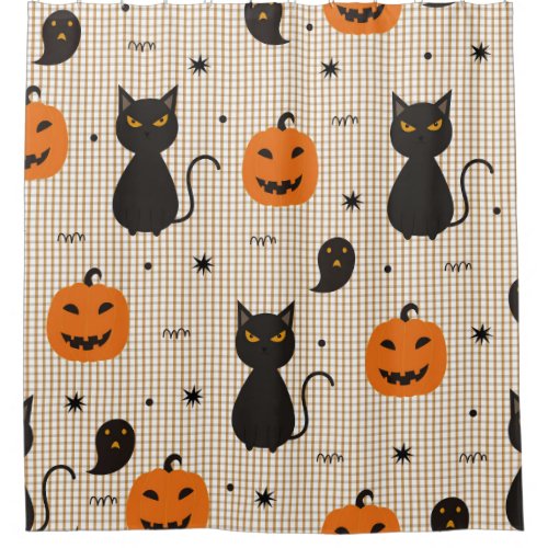 Halloween seamless pattern with black cat and ghos shower curtain