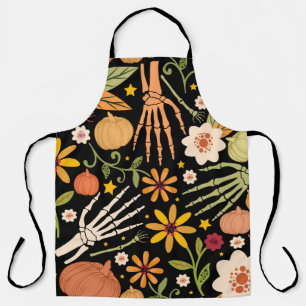 Halloween seamless pattern with bones and floral e apron