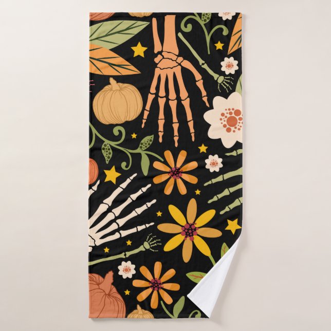 Halloween seamless pattern with bones and floral e bath towel (Bath Towel)