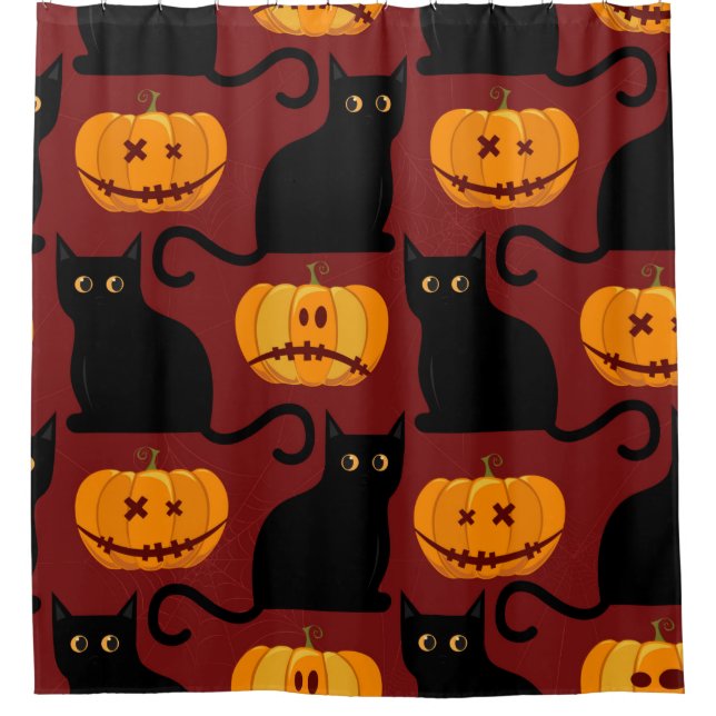 Halloween seamless pattern with pumpkins and black shower curtain (Front)