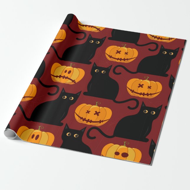 Halloween seamless pattern with pumpkins and black wrapping paper (Unrolled)