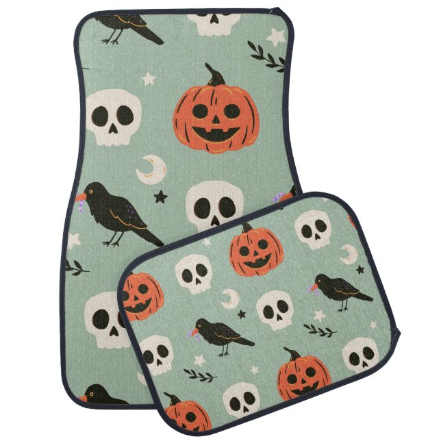 Halloween seamless pattern with ravens, skulls and car floor mat (Set)