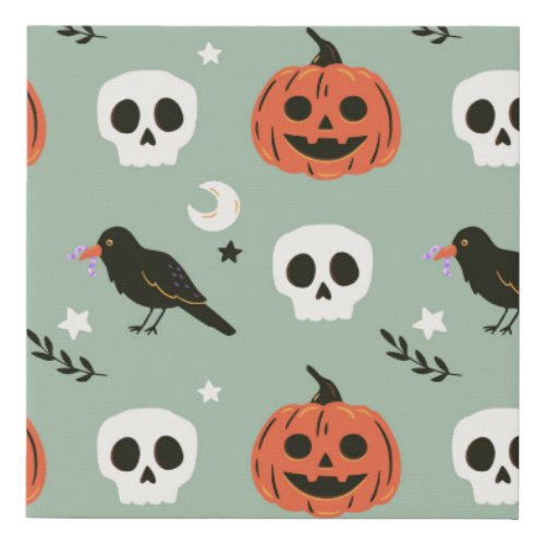 Halloween seamless pattern with ravens skulls and faux canvas print
