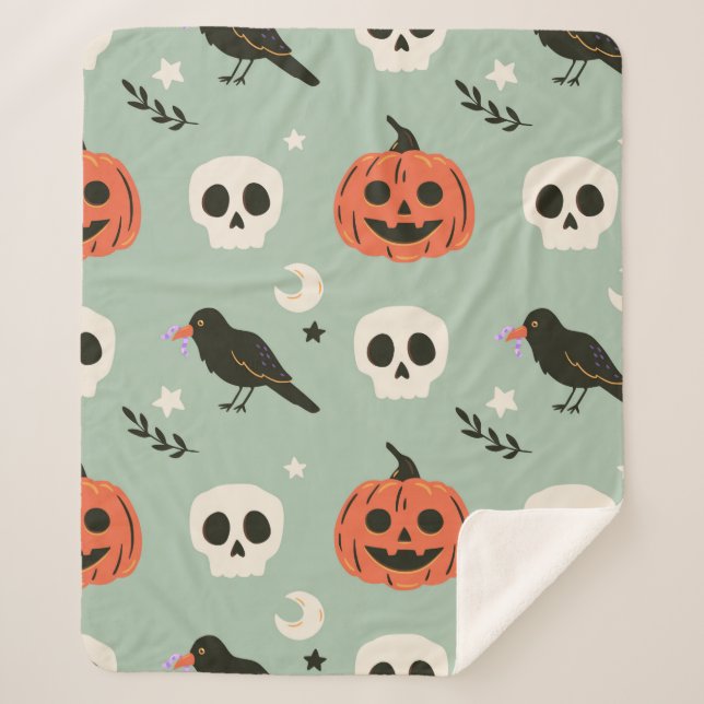Halloween seamless pattern with ravens, skulls and sherpa blanket (Front)